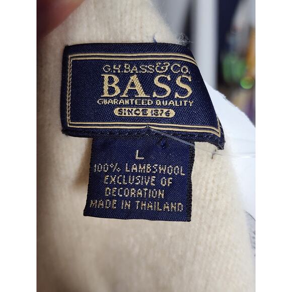 Vtg Bass & Co Lambswool Off White Cream Beaded Flower Long Sleeve Sweater Sz L - Picture 9 of 9